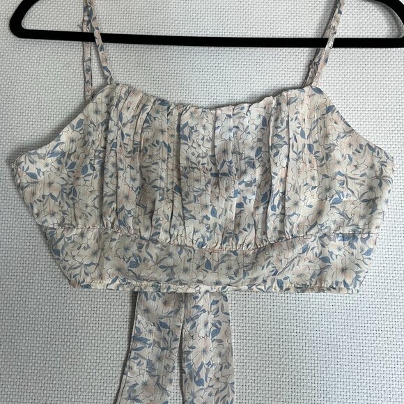 Floral crop top Tie Back Cottagecore Milkmaid Fairy Pleated Lined Flirty Small - Picture 1 of 9